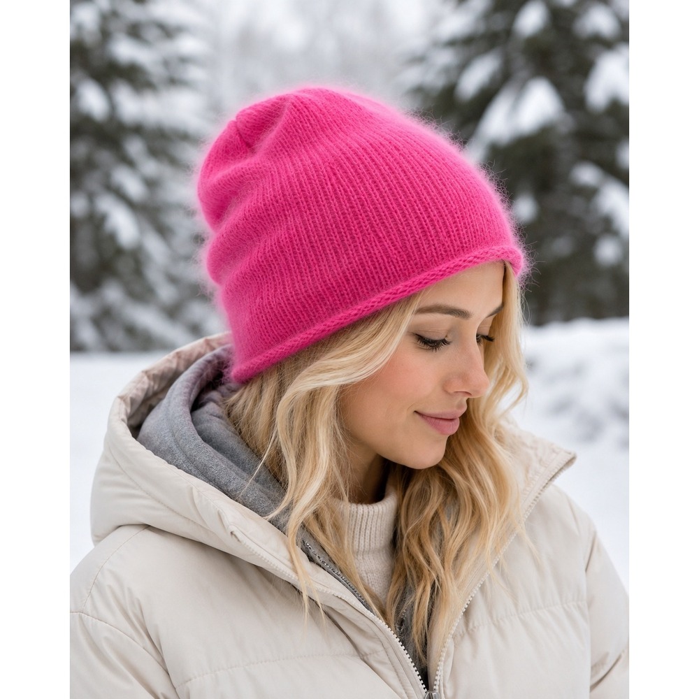 Epitome Beanie Hat Womens OS Pink Lambswool Angora Blend Made in Japan Fuzzy